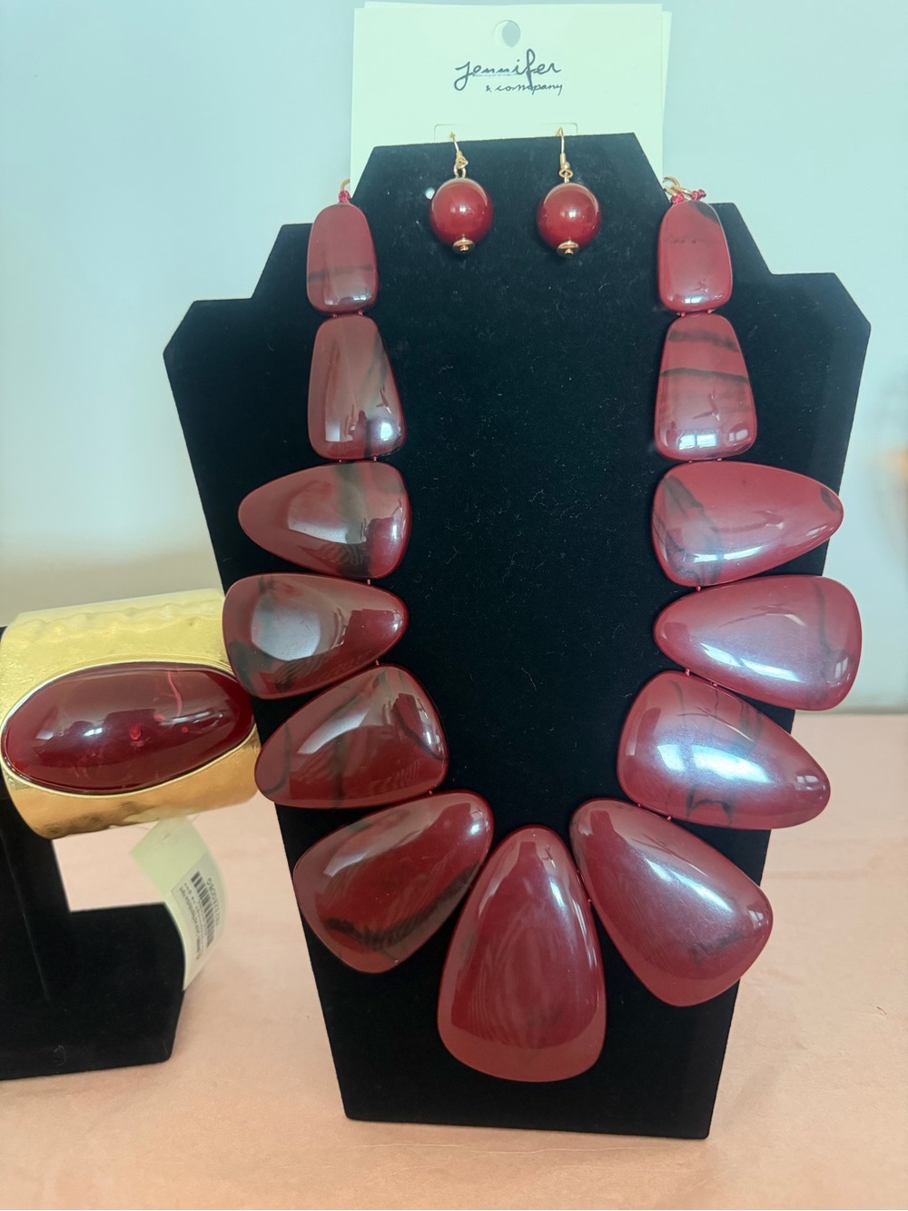 Burgundy Statement Necklace, Earring Set & Bracelet